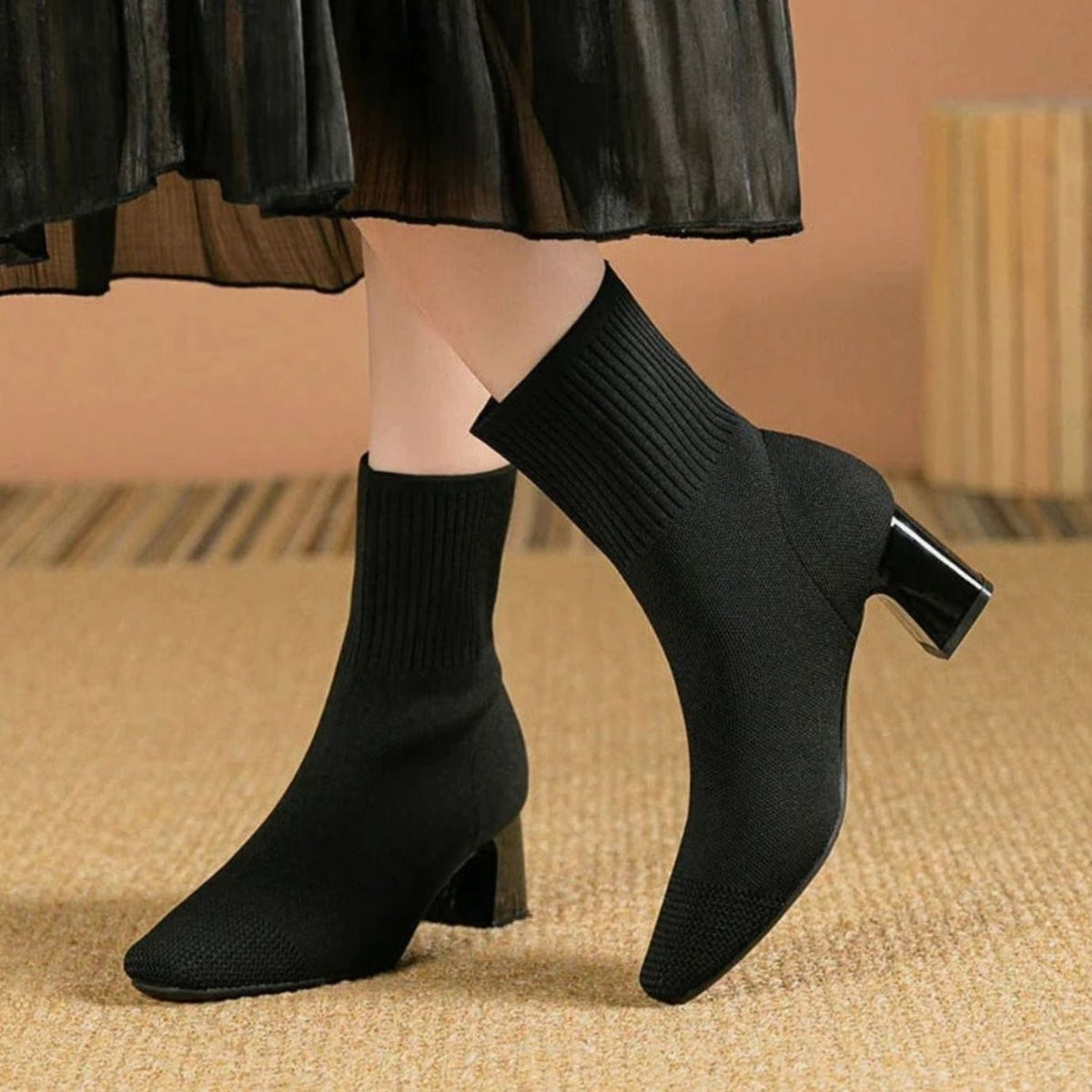 Damen Rippstrick Stiefeletten Mit Blockabsatz
