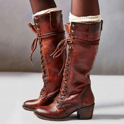 Damen Kniehohe Schnürstiefel Mit Blockabsatz